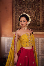 Load image into Gallery viewer, Mustard and raspberry wine upada silk corset, lehenga and organza dupatta

