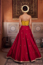Load image into Gallery viewer, Mustard and raspberry wine upada silk corset, lehenga and organza dupatta
