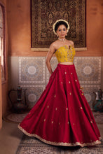 Load image into Gallery viewer, Mustard and raspberry wine upada silk corset, lehenga and organza dupatta
