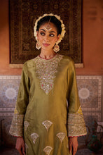 Load image into Gallery viewer, Sage green and mustard upada silk kurta, salwar and organza dupatta

