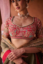 Load image into Gallery viewer, Sage green and Fuchsia upada silk blouse, lehenga and organza dupatta
