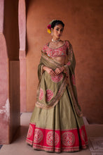 Load image into Gallery viewer, Sage green and Fuchsia upada silk blouse, lehenga and organza dupatta
