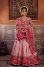 Load image into Gallery viewer, Blush pink and Fuchsia upada silk blouse, banarsi silk lehenga and dupatta
