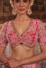 Load image into Gallery viewer, Blush pink and Fuchsia upada silk blouse, banarsi silk lehenga and dupatta
