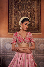 Load image into Gallery viewer, Blush pink and Fuchsia upada silk blouse, banarsi silk lehenga and dupatta
