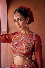 Load image into Gallery viewer, Maroon upada silk lehenga, shimmer tissue blouse and dupatta
