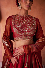 Load image into Gallery viewer, Maroon upada silk lehenga, shimmer tissue blouse and dupatta
