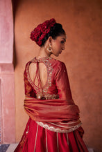 Load image into Gallery viewer, Maroon upada silk lehenga, shimmer tissue blouse and dupatta
