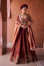 Load image into Gallery viewer, Maroon and beige shimmer tissue silk blouse,  lehenga and dupatta

