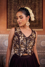 Load image into Gallery viewer, Brown embroidered silk waist coat, lehenga and  dupatta
