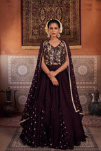 Load image into Gallery viewer, Brown embroidered silk waist coat, lehenga and  dupatta

