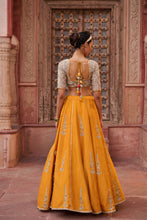 Load image into Gallery viewer, Mustard and Powder blue embroidered blouse, lehenga and dupatta
