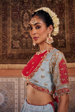 Load image into Gallery viewer, Powder blue and fuchsia silk blouse, lehenga and organza dupatta
