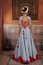 Load image into Gallery viewer, Powder blue and fuchsia silk blouse, lehenga and organza dupatta
