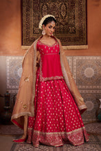 Load image into Gallery viewer, Fuchsia embroidered kurti with banarsi lehenga and dupatta
