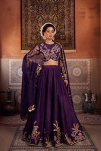 Load image into Gallery viewer, Purple dupion silk blouse, lehenga and organza silk dupatta

