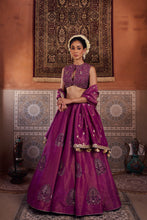 Load image into Gallery viewer, Purple shimmer tissue blouse, lehenga and dupatta
