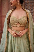 Load image into Gallery viewer, Mint green shimmer tissue Blouse, lehenga and dupatta
