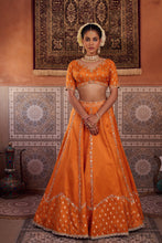 Load image into Gallery viewer, Rust orange silk embroidered blouse, lehenga and dupatta
