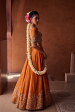 Load image into Gallery viewer, Rust orange embroidered blouse, shimmer tissue lehenga and dupatta
