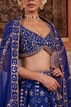 Load image into Gallery viewer, Royal blue dupion silk blouse, lehenga and net dupatta
