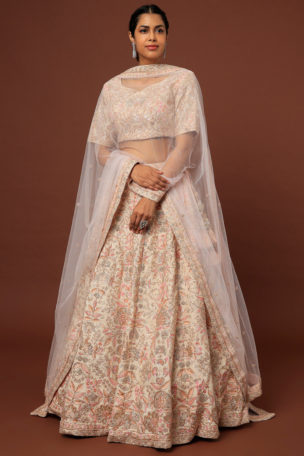 Peach raw silk lace and resham embroidered lehenga