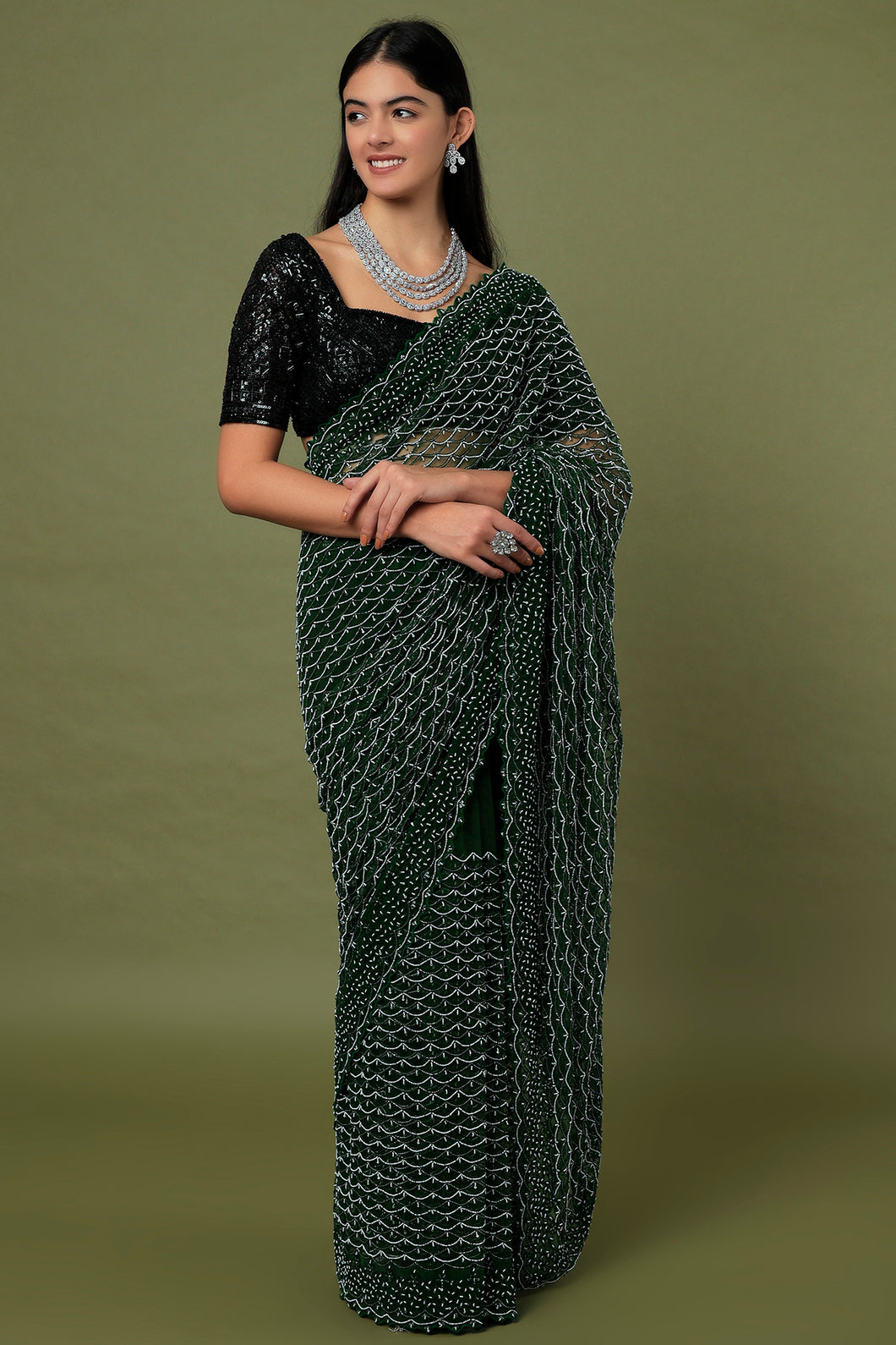 Dark Green Embroidered Saree Set