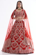 Load image into Gallery viewer, Red raw silk hand embroidered lehenga
