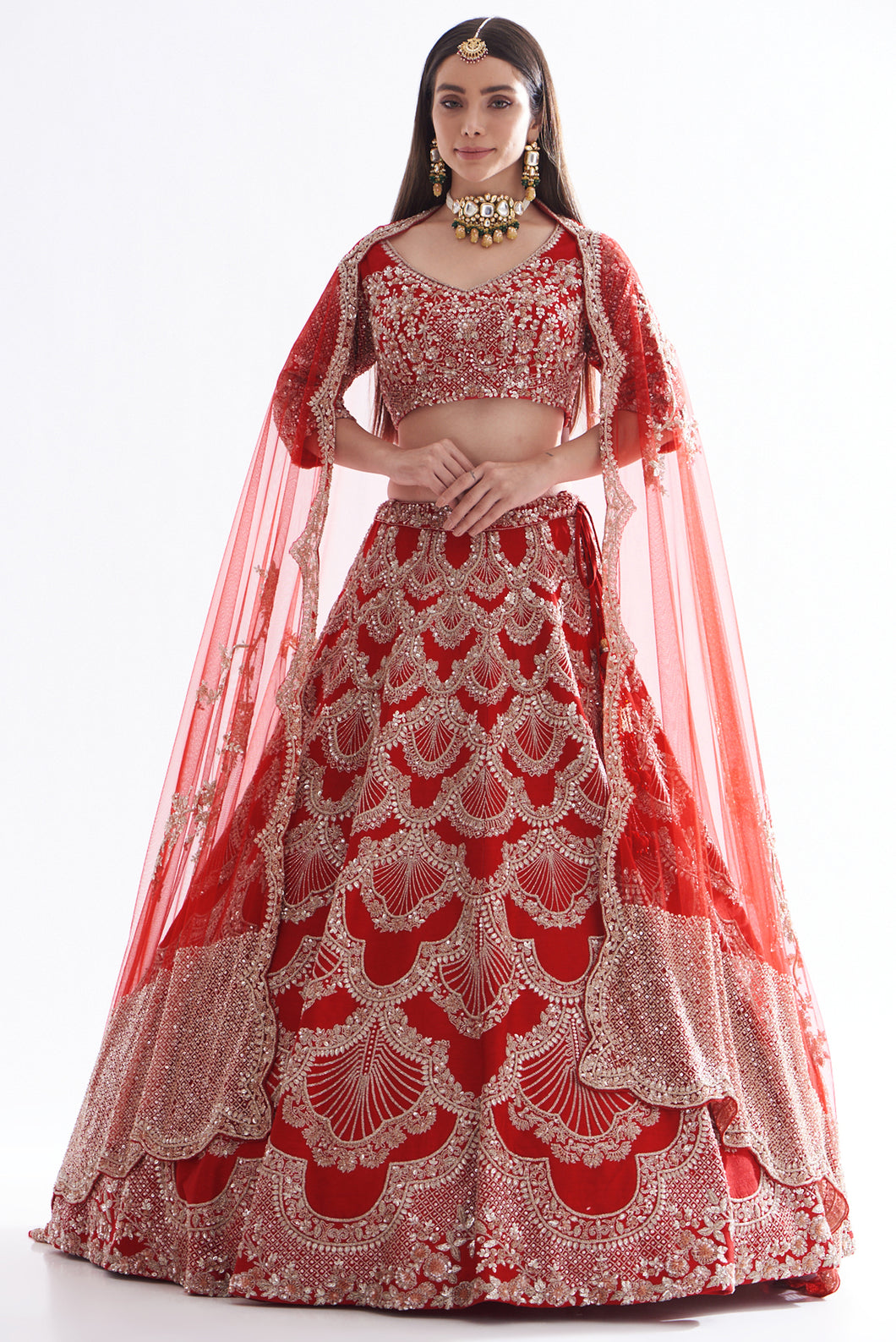 Red raw silk hand embroidered lehenga