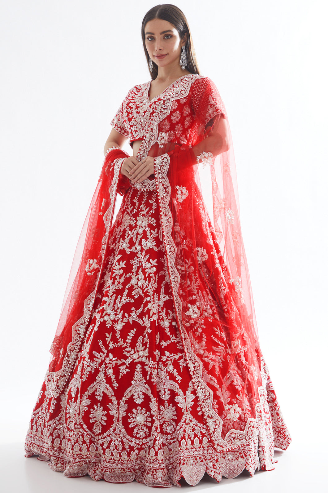 Red raw silk zardozi work lehenga