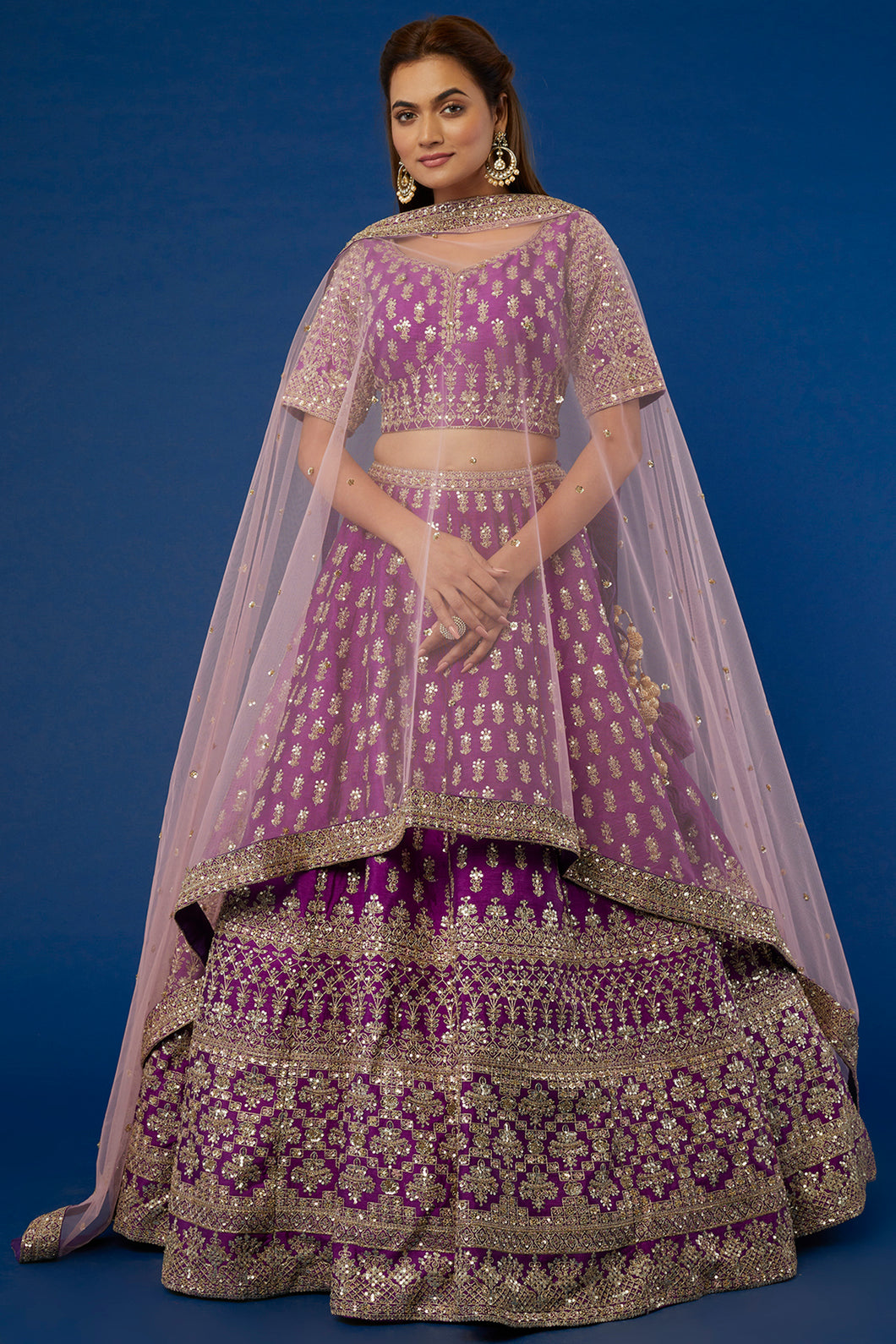 Purple raw silk zari embroidered lehenga