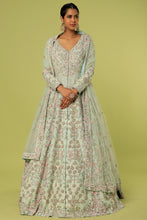 Load image into Gallery viewer, Mint raw silk heavily embroidered jacket lehenga
