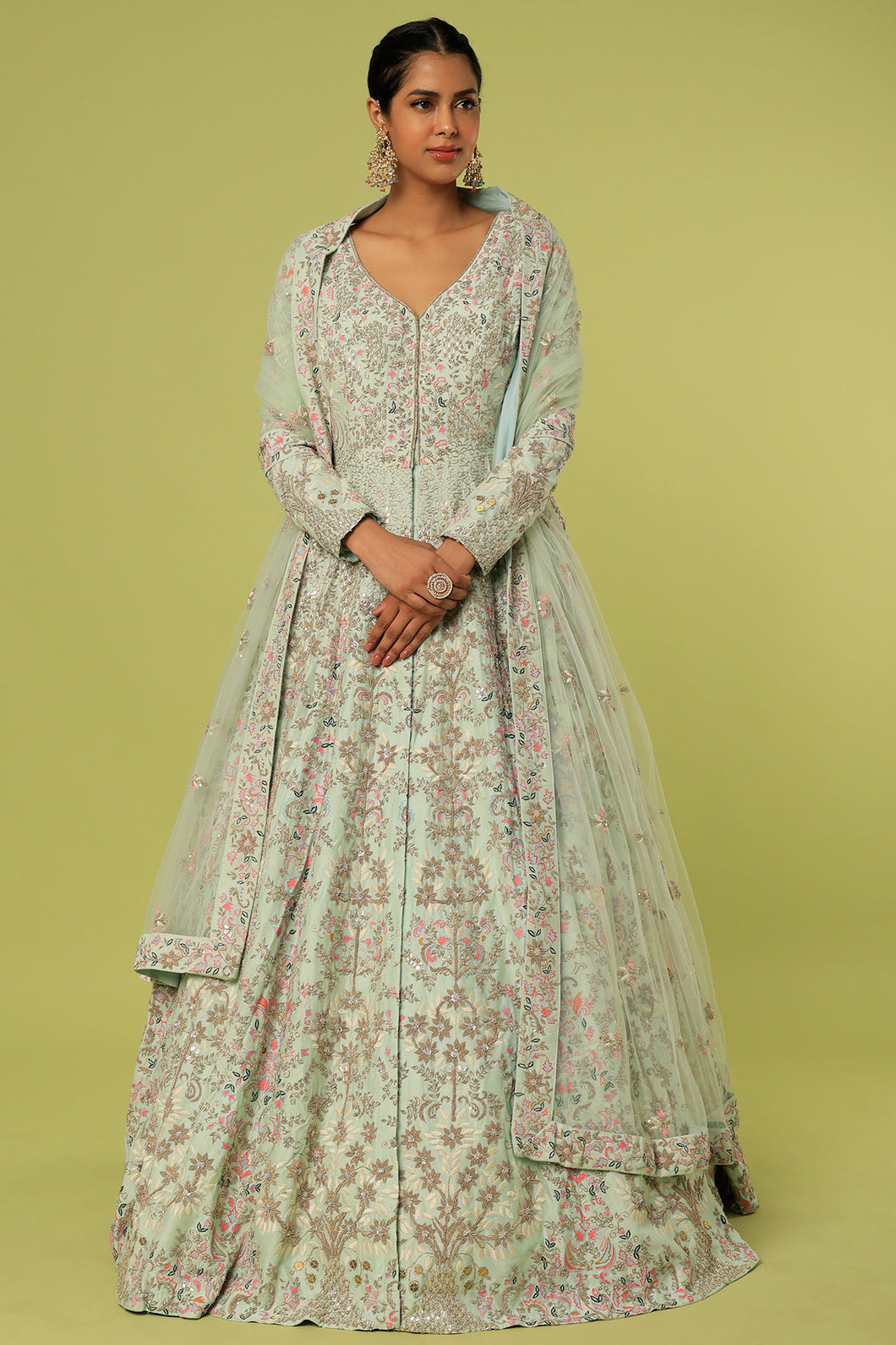 Mint raw silk heavily embroidered jacket lehenga