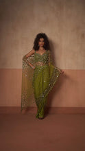 Load image into Gallery viewer, Predraped , mehendi green , hand embroidered net &amp; satin saree

