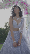 Load and play video in Gallery viewer, Ice Blue Grey Three - Dimensional Floral Lehenga Set
