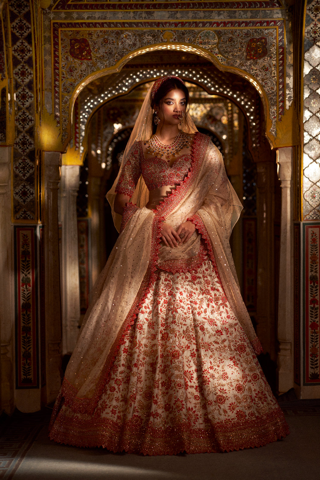 Cream Red Zardozi Lehenga Set