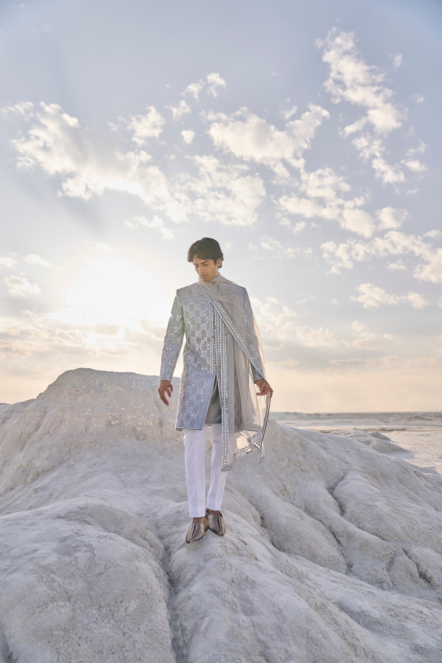 Metallic Grey Mirror Work Sherwani Set