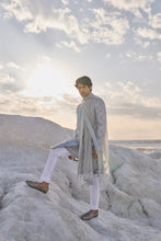 Load image into Gallery viewer, Metallic Grey Mirror Work Sherwani Set

