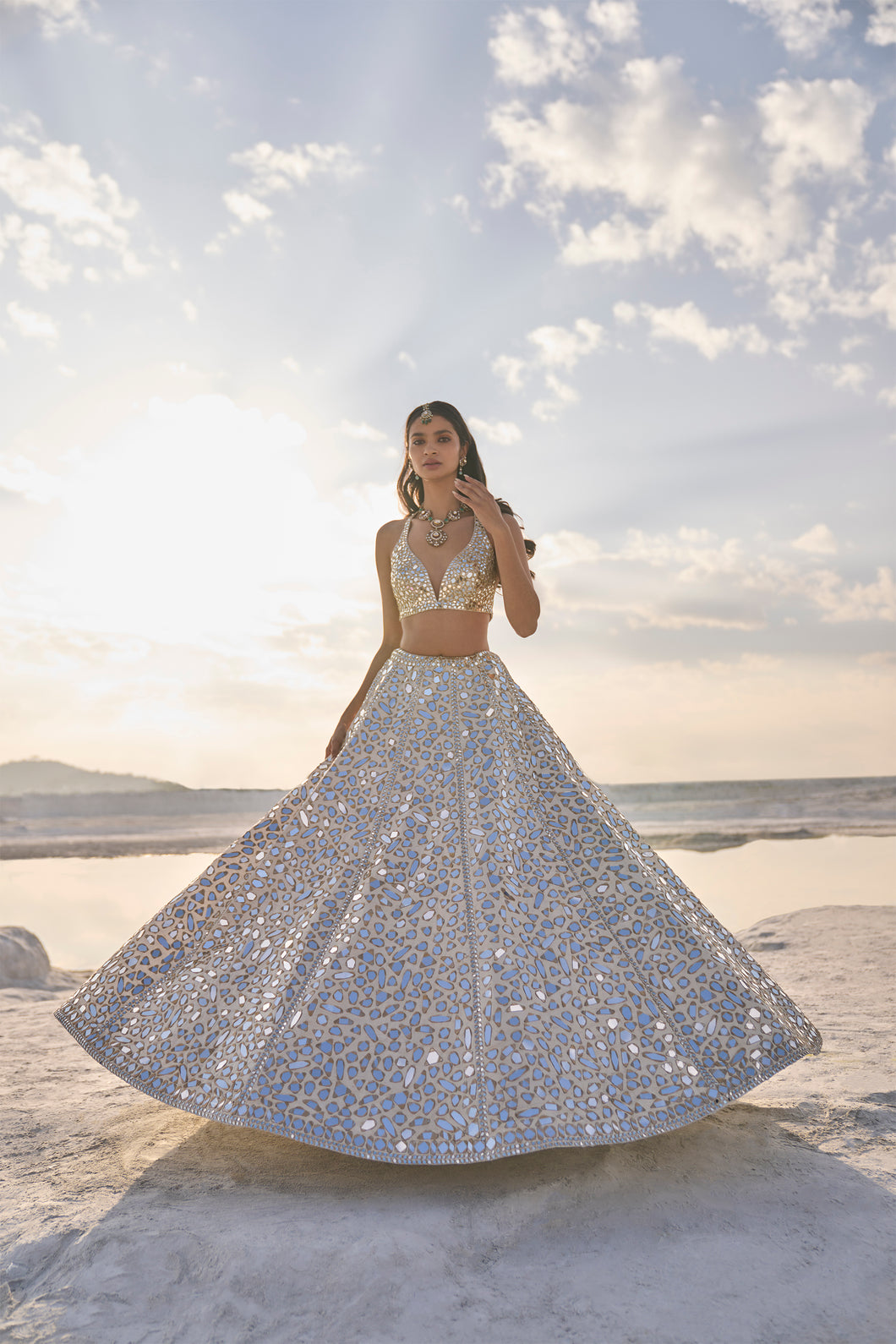 Cream Gold Mirror Work Lehenga Set