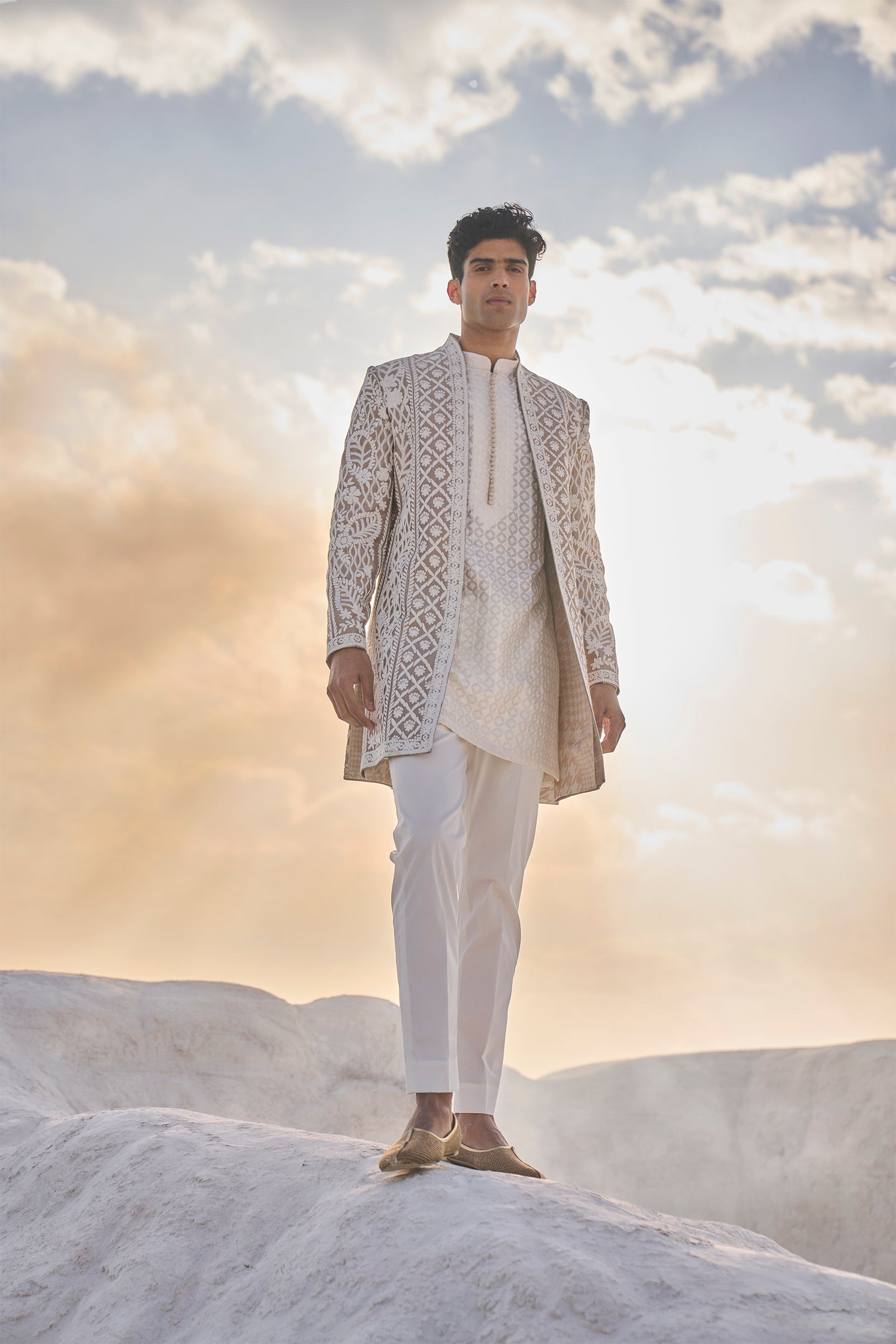 Nude Cream Open Sherwani Set