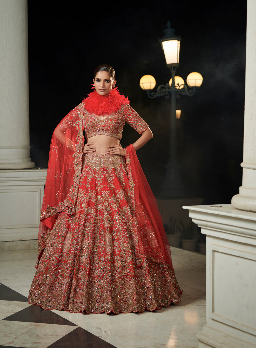 Red Persian Raw Silk Bridal Lehenga Set