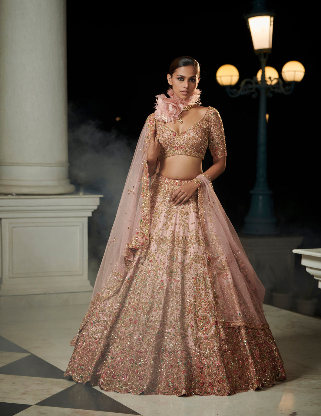 Roseate Blush Peach Raw Silk Bridal Lehenga Set
