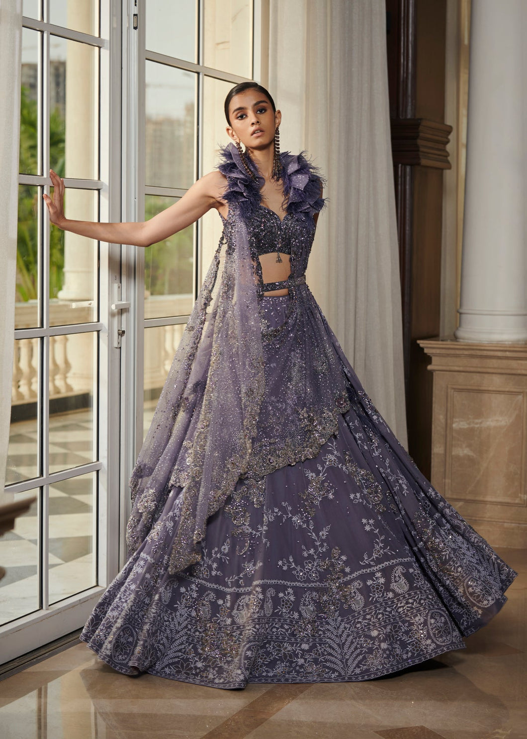 Nylah Leaden Blue Chikankari Chiffon Lehenga Set