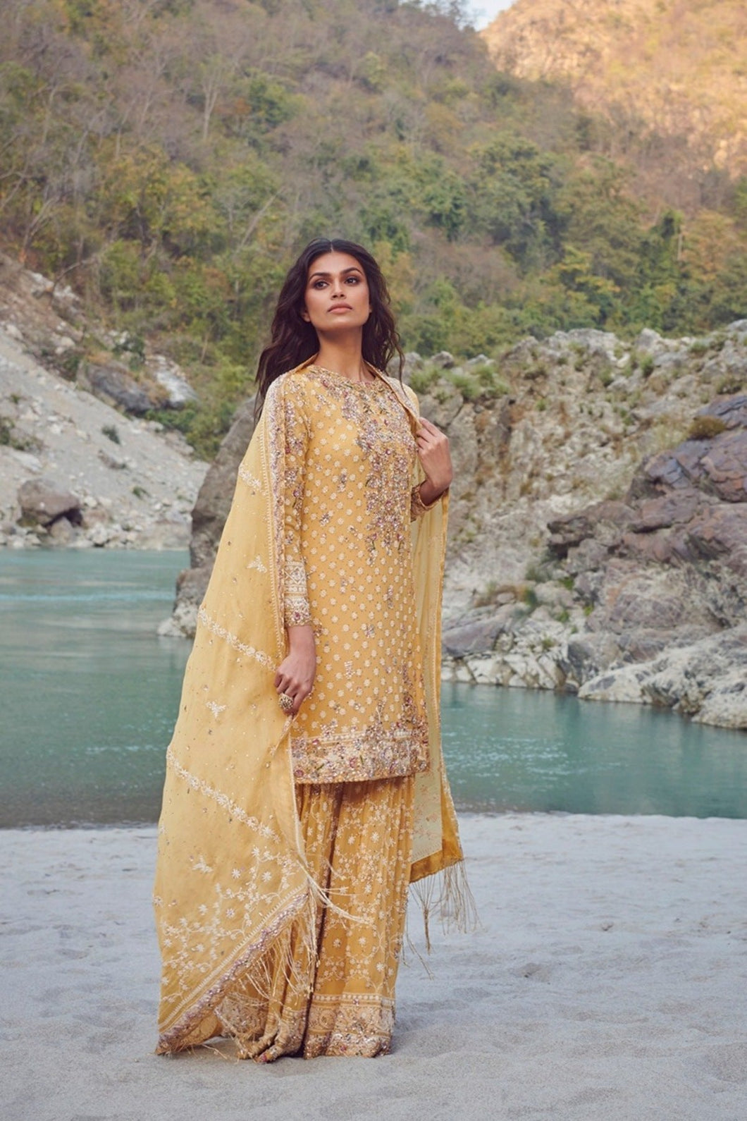 Yellow Chiffon Chikankari Kurta-Sharara Set