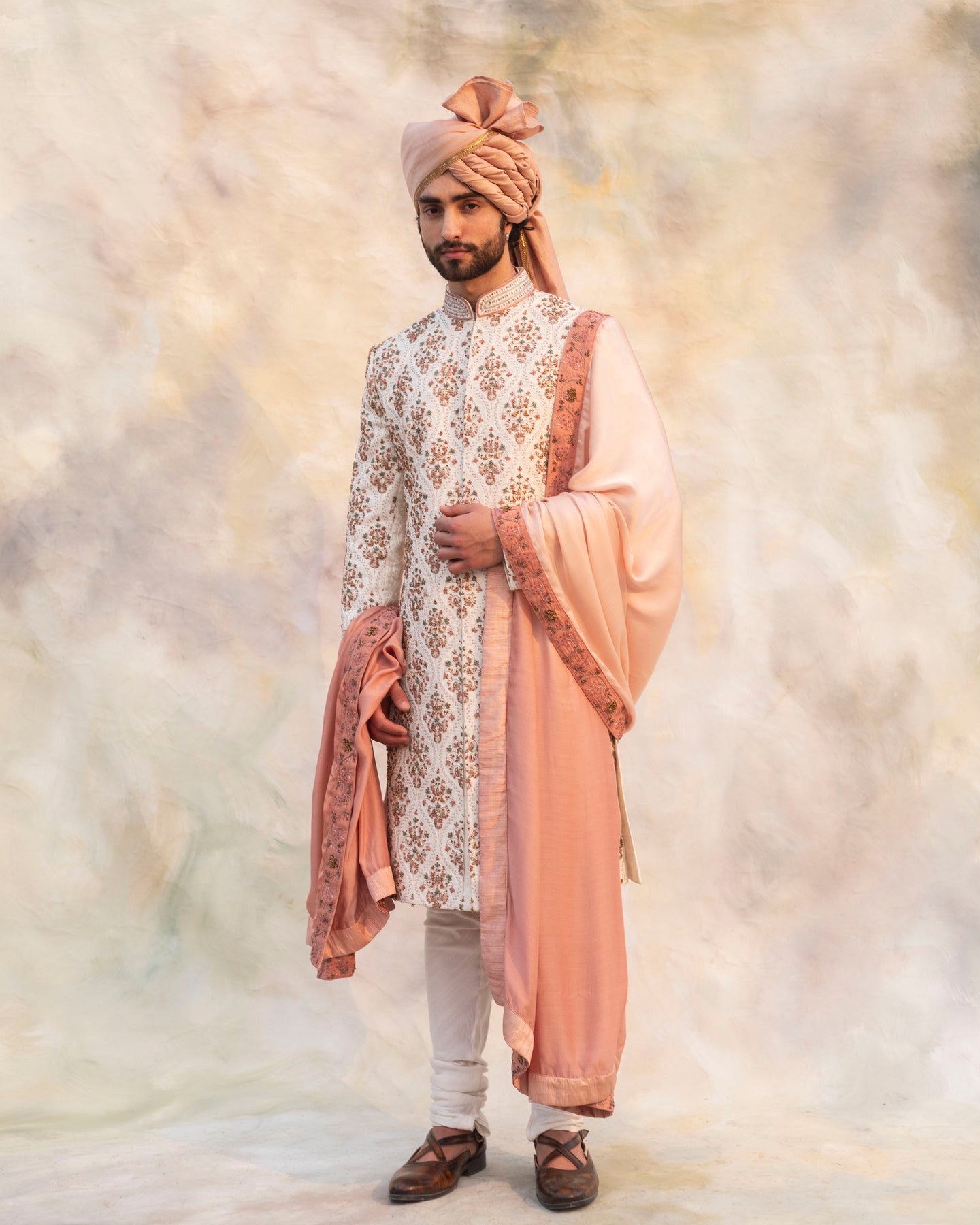 Ivory textured base sherwani