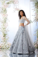 Load image into Gallery viewer, Ice Blue Grey Three - Dimensional Floral Lehenga Set

