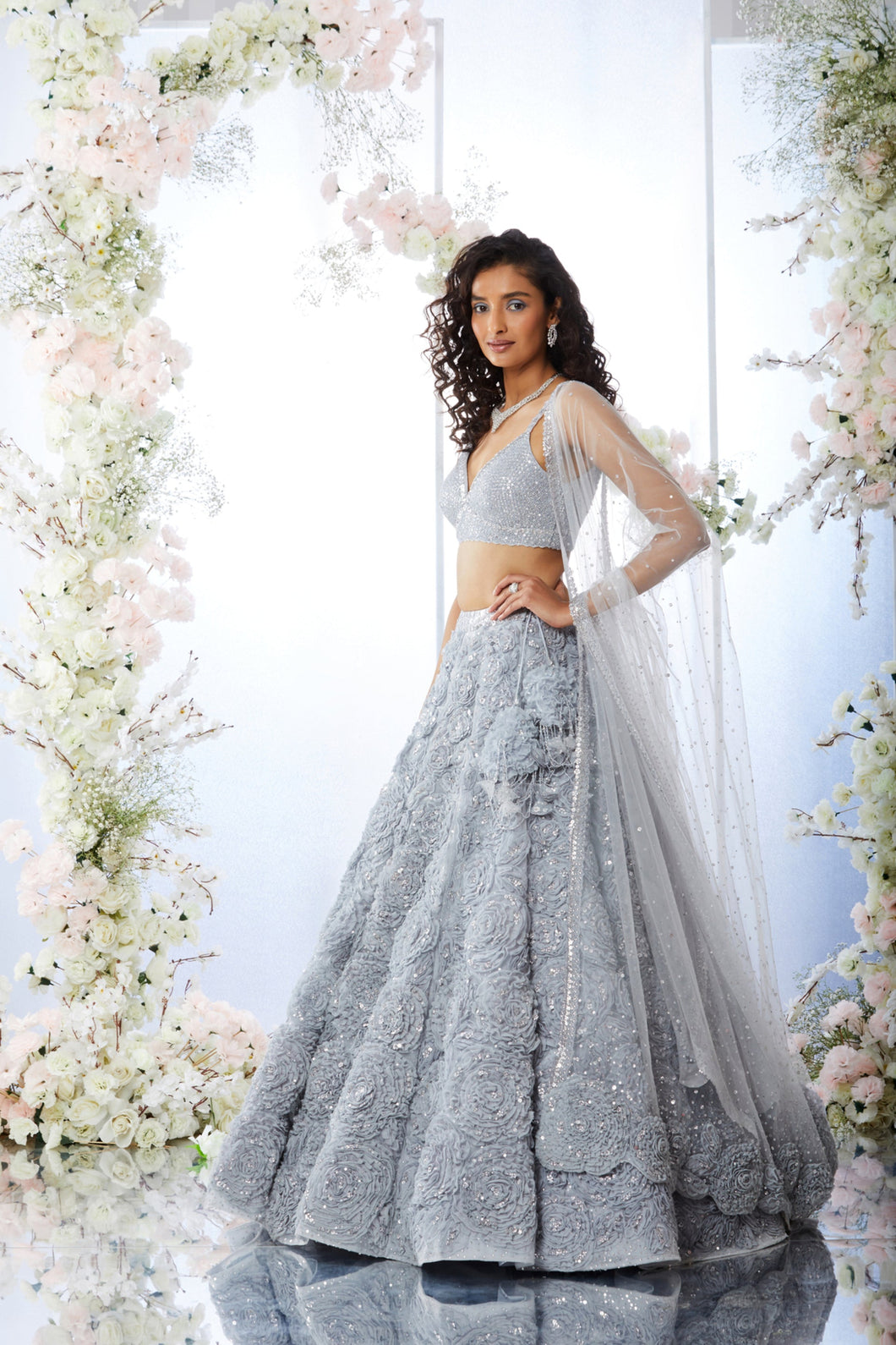 Ice Blue Grey Three - Dimensional Floral Lehenga Set