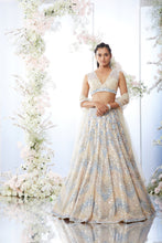 Load image into Gallery viewer, Beige Blue Chevron Sequin Lehenga Set
