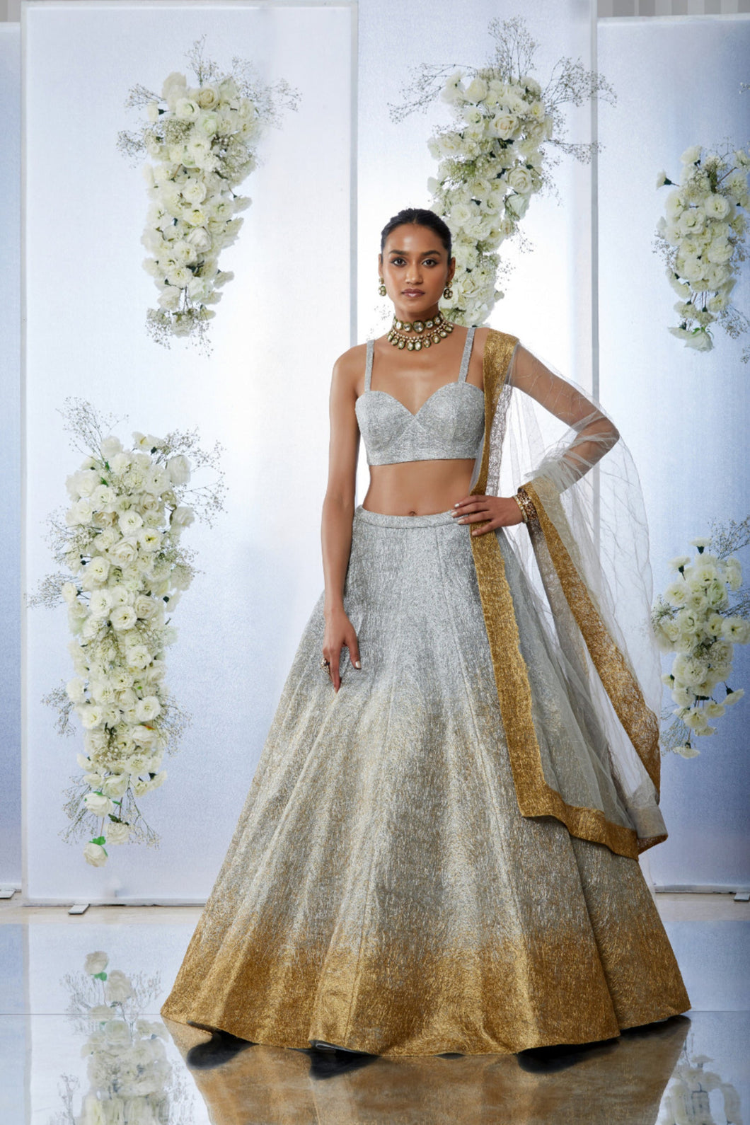 Silver Gold Mesh Lehenga Set