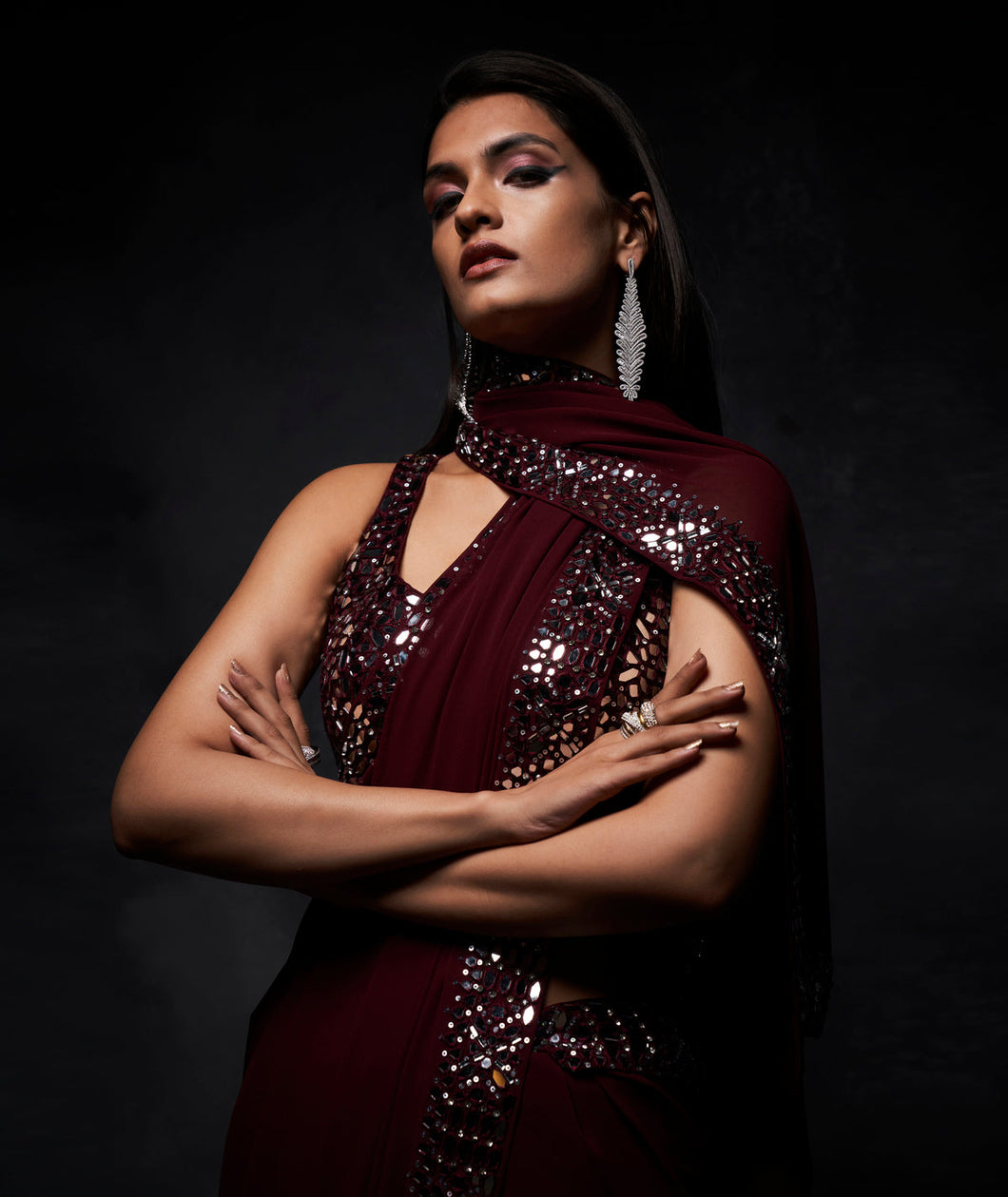 Wine Mirror Work Saree